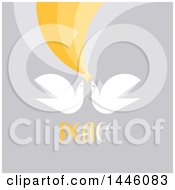 Clipart Of A Retro Flat Styled Dove Pair Flying With A Star With Peace Text On Gray Royalty Free Vector Illustration