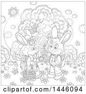Poster, Art Print Of Cartoon Black And White Lineart Cute Girl Bunny Giving A Boy Rabbit An Easter Egg On A Spring Day In Front Of A Cottage