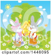 Poster, Art Print Of Cute Female Bunny Giving A Boy Rabbit An Easter Egg On A Spring Day In Front Of A Cottage