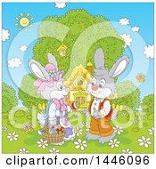 Poster, Art Print Of Cartoon Cute Girl Bunny Giving A Boy Rabbit An Easter Egg On A Spring Day In Front Of A Cottage