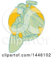 Poster, Art Print Of Sketched Styled Construction Worker Wearing A Hardhat And Holding A Shovel Emerging From A Circle