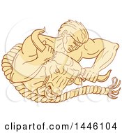 Clipart Of A Sketched Styled Strong Man Taking A Bull By Its Horns Royalty Free Vector Illustration