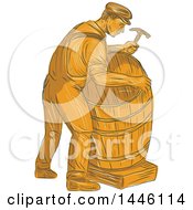 Poster, Art Print Of Sketched Styled Male Cooper Making A Barrel In Orange Tones