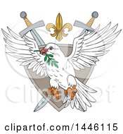 Poster, Art Print Of Sketched Styled Peace Dove Flying With An Olive Branch In Its Mouth Over A Shield Fleur De Lis And Crossed Swords Crest