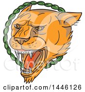 Poster, Art Print Of Tattoo Styled Lioness Head Roaring In A Circle Of Leaves