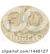 Poster, Art Print Of Sketched Styled Medieval Baker Kneading Dough In A Kitchen