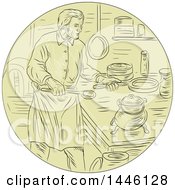 Poster, Art Print Of Retro Sketched Styled Medieval Chef Cooking In A Kitchen