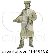 Poster, Art Print Of Retro Sketched Styled Victorian Male Waiter Holding A Cloche Platter