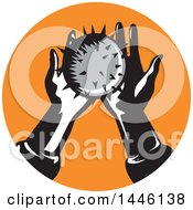 Clipart Of A Retro Pair Of Hands Holding A Spiked Ball In An Orange Circle Royalty Free Vector Illustration