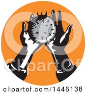 Poster, Art Print Of Retro Pair Of Hands Holding A Spiked Ball In An Orange Circle