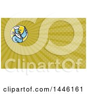 Clipart Of A Blue Cartoon Chef Chicken Waving And Green Rays Background Or Business Card Design Royalty Free Illustration