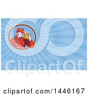 Clipart Of A Retro Scotsman In A Tartan Holding A Beer And Blue Rays Background Or Business Card Design Royalty Free Illustration