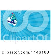 Clipart Of A Retro Snowboarder Catching Air Over Mountains And Blue Rays Background Or Business Card Design Royalty Free Illustration