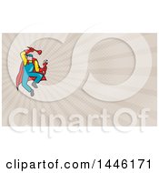 Poster, Art Print Of Cartoon Super Plumber Jumping With A Monkey Wrench And Plunger And Taupe Rays Background Or Business Card Design