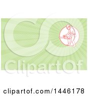 Clipart Of A Mono Line Styled Red Lumberjack Or Arborist Holding A Chainsaw In A Circle And Green Rays Background Or Business Card Design Royalty Free Illustration