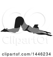 Clipart Of A Black Silhouetted Woman In A Yoga Pose Royalty Free Vector Illustration by AtStockIllustration