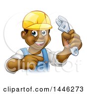 Poster, Art Print Of Cartoon Happy Black Male Plumber Holding An Adjustable Wrench And Pointing