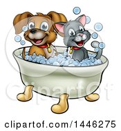 Cartoon Happy Puppy Dog And Cat Soaking In A Bubble Bath