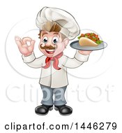 Clipart Of A Cartoon Caucasian Male Chef Holding A Kebab Sandwich On A Tray And Gesturing Okay Royalty Free Vector Illustration