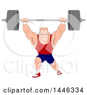 Poster, Art Print Of Cartoon Muscular Blond White Male Bodybuilder Doing Lunges With A Barbell