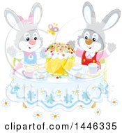 Clipart Of A Happy Rabbit Couple Around A Spring Time Cake At A Table Royalty Free Vector Illustration