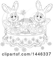 Poster, Art Print Of Cartoon Black And White Lineart Happy Bunny Rabbit Couple Around A Spring Time Cake At A Table