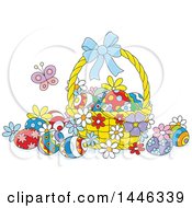 Cartoon Basket With Colorfully Decorated Easter Eggs And A Butterfly
