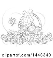 Poster, Art Print Of Cartoon Black And White Lineart Basket With Decorated Easter Eggs And A Butterfly