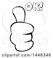 Clipart Of A Cartoon Black And White Lineart Thumb Up Emoji Hand With Ok Text Royalty Free Vector Illustration