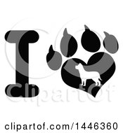 Clipart Of A Black And White Letter I And Heart Shaped Paw Print With A Silhouetted Dog Royalty Free Vector Illustration
