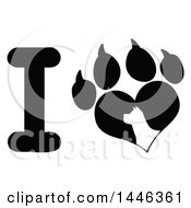 Poster, Art Print Of Black And White Letter I And Heart Shaped Paw Print With A Silhouetted Dog