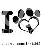 Poster, Art Print Of Black And White Letter I And Heart Shaped Paw Print With A Silhouetted Dog