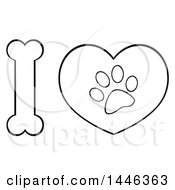 Poster, Art Print Of Black And White Lineart Bone Letter I And Heart With A Dog Paw Print