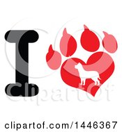 Clipart of a Letter I and Heart Shaped Paw Print with a Silhouetted Dog - Royalty Free Vector Illustration by Hit Toon #COLLC1446367-0037