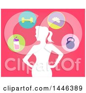 Clipart Of A White Silhouetted Fit Woman With Health Icons On Pink Royalty Free Vector Illustration by BNP Design Studio