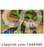 Poster, Art Print Of Downward View Of A Gardeners Feet In Boots And Hand Using A Watering Can In A Garden