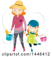 Happy Red Haired White Mother Holding Hands And Carrying Gardening Tools With Her Daughter