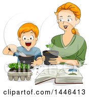 Poster, Art Print Of Cartoon Happy Red Haired White Mother Transplanting Seedings With Her Son