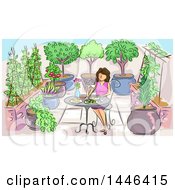 Poster, Art Print Of Sketched Brunette White Woman Eating A Meal In A Garden
