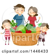 Clipart Of A Happy Brunette White Family Around A Giant Produce Basket Royalty Free Vector Illustration