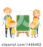 Happy Red Haired White Family Wearing Aprons Around A Menu Chalkboard