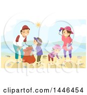 Poster, Art Print Of Happy Brunette White Family Picking Up Litter On A Beach