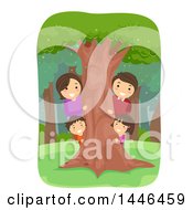Poster, Art Print Of Happy Brunette Family Looking Around A Tree In The Woods