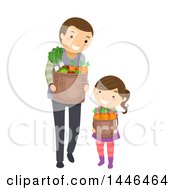 Happy Brunette White Father And Daughter Carrying Harvest Baskets Or Groceries