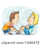 Cartoon White Male Personal Trainer Working With A Client On Situps