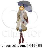 Poster, Art Print Of Happy Blond White Woman Holding An Umbrella And Wearing Winter Clothing