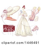 Clipart Of A Woman In A Vintage Dress With A Mannequin Gloves Clutch And Shoes Royalty Free Vector Illustration by BNP Design Studio