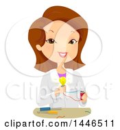 Clipart Of A Happy Brunette White Female Scientist Demonstrating Light Energy Royalty Free Vector Illustration