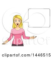 Poster, Art Print Of Cartoon Happy Blond White Woman Gesturing With Her Hands And Talking