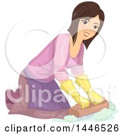 Poster, Art Print Of Happy Brunette White Woman Kneeling And Scrubbing A Floor With A Brush